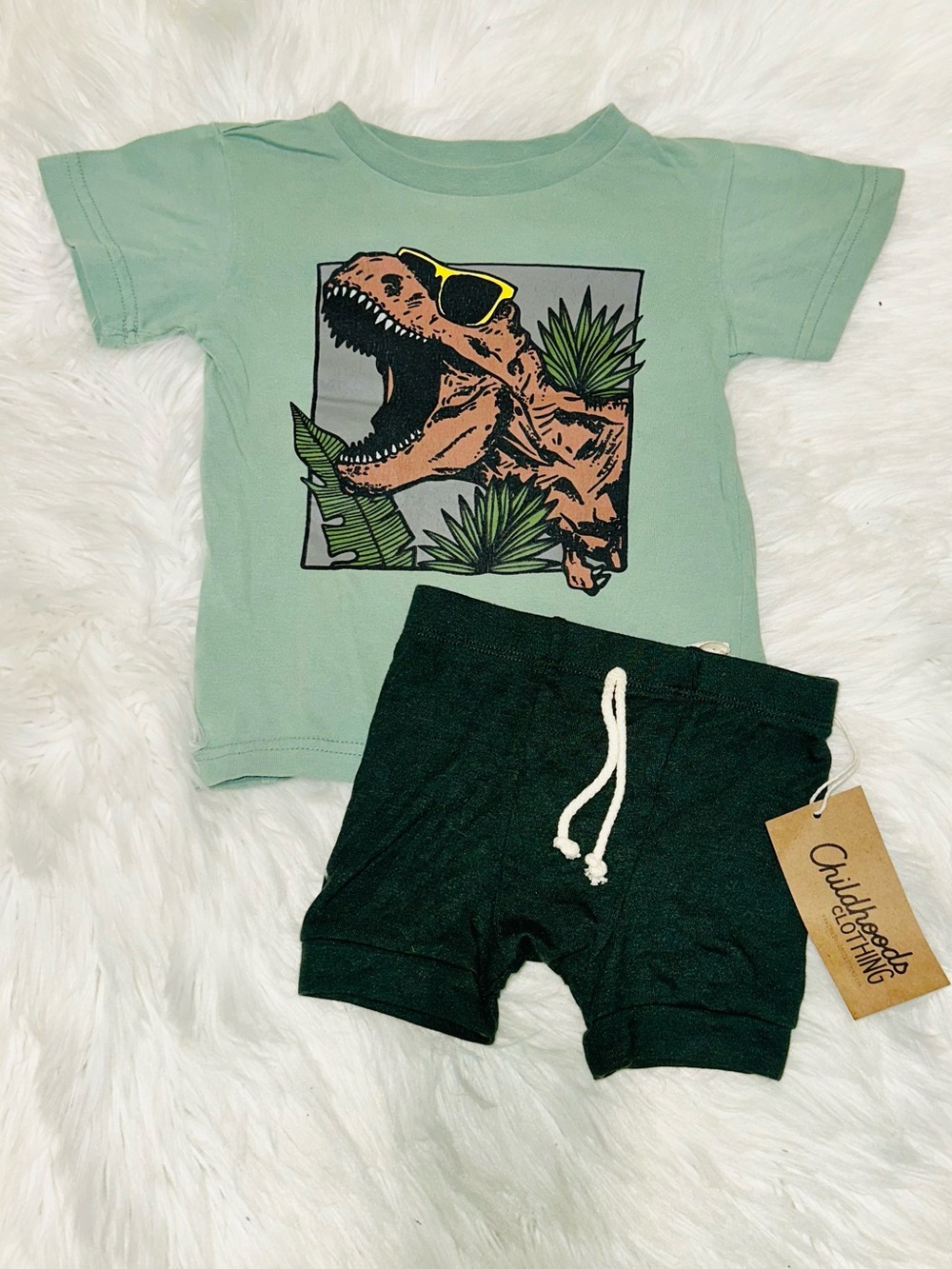 Australian brand Mint Green T-Rex Dino Tee & Dark Green Childhoods Shorts NWT